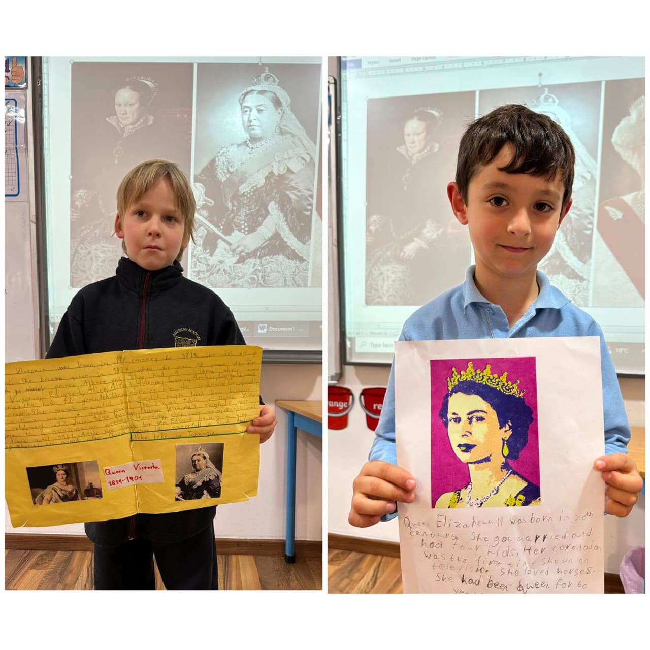During their history topic, Y2KB learned about the three English queens , their personal lives and features of life during the three reigns. Children were asked to write about each monarch’s character and then they presented their projects in front of the class.